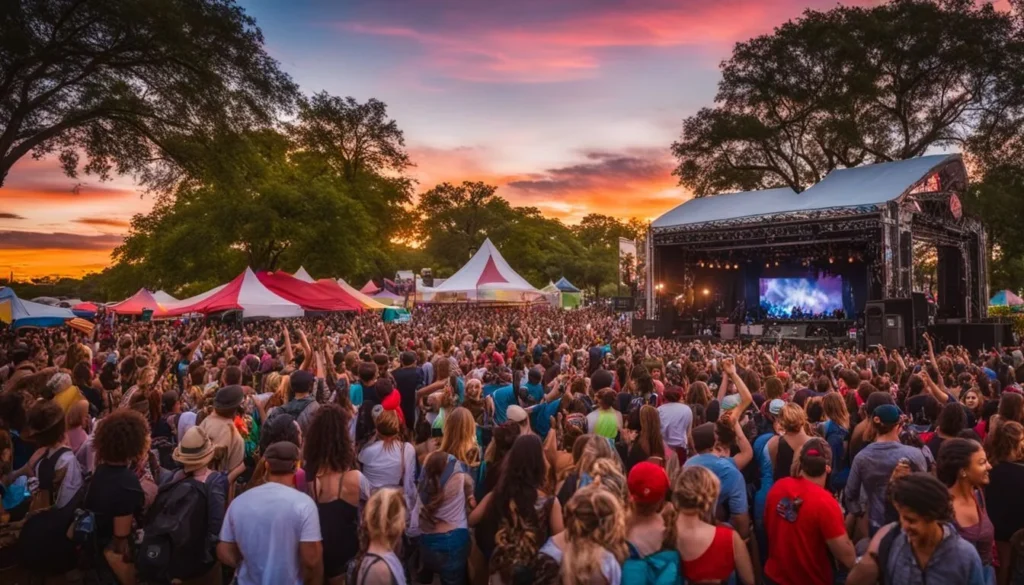 A lively crowd enjoying a music festival in Austin.