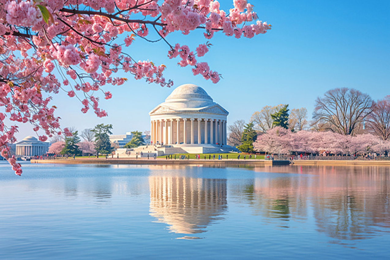 A panoramic shot of the cherry blossoms framing the best place to visit in April.