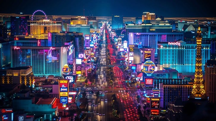 The dazzling lights and nightlife of the Las Vegas Strip.